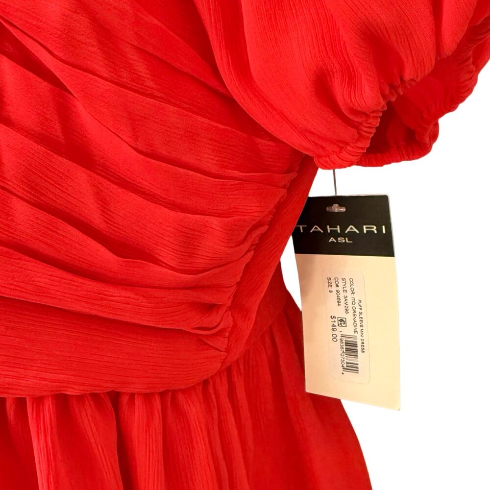Tahari ASL Cherry Red Chiffon Short Puff Sleeve Notch Mini Dress size 8 NEW Tags - Picture 8 of 11